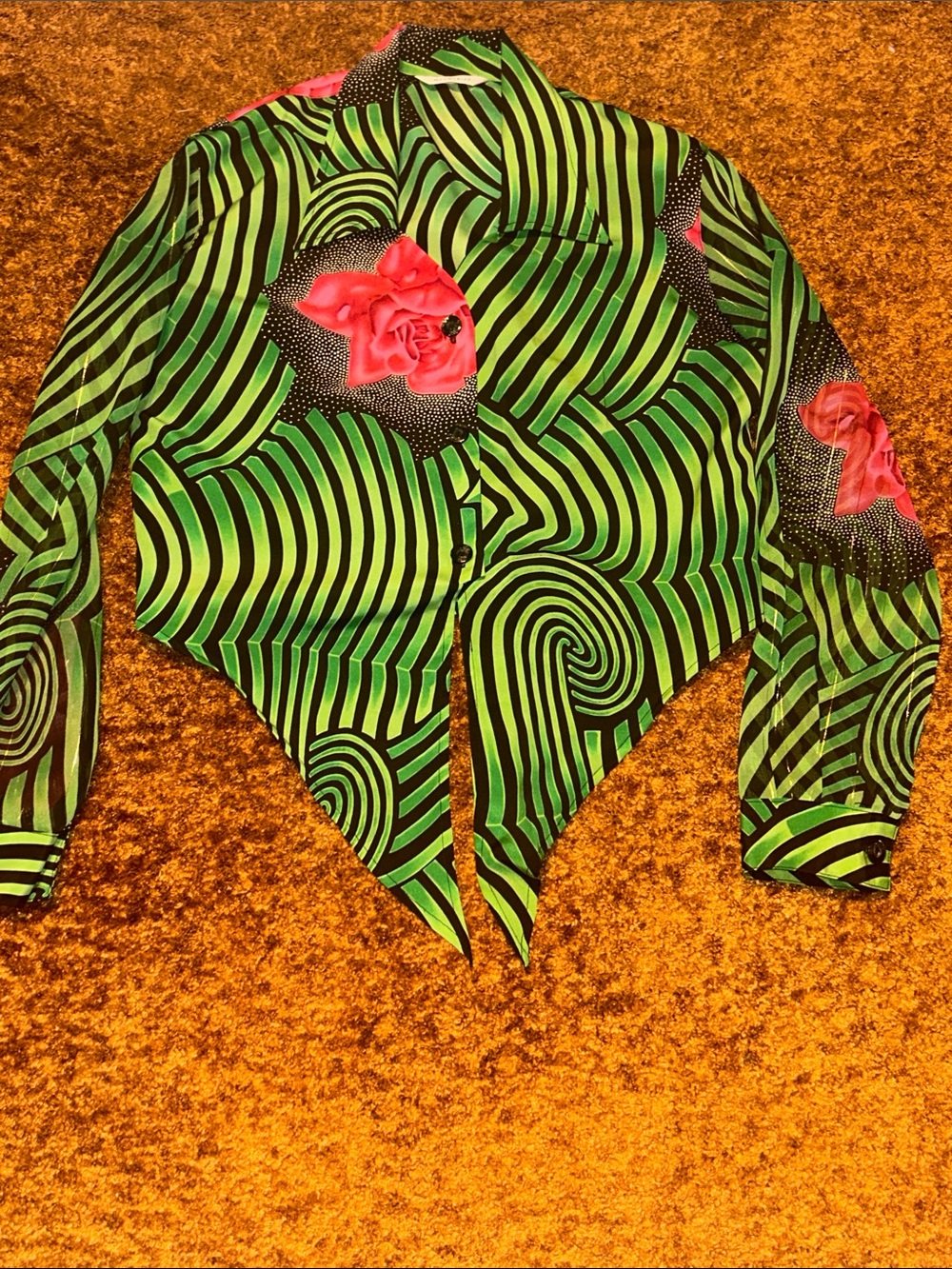 Green Swirl Print Crop Top with Pink Rose Accent